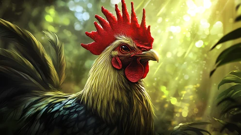 Rooster Portrait with Radiant Red Comb in Forest Glow.
