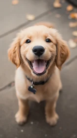 Golden retriever puppy smiles brightly on city sidewalk