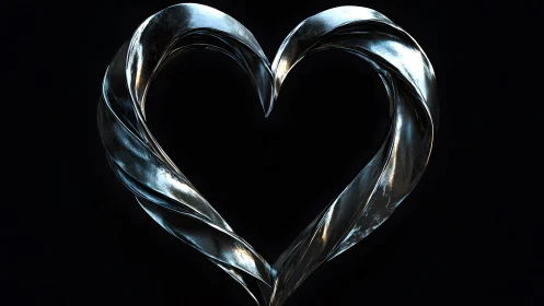 Twisted Metallic Heart on Black Background, Digital Art Style.