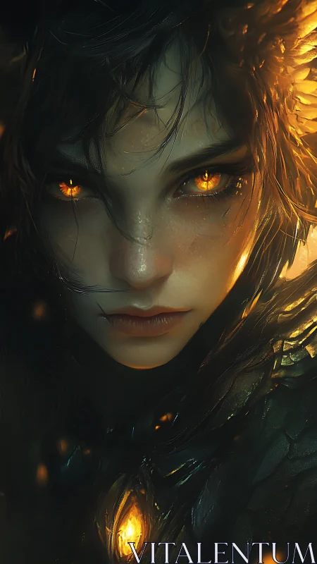 Fire-eyed guardian emerges from the shadowed ember glow.