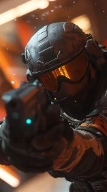 Armored space soldier aims sidearm in neon-lit corridor