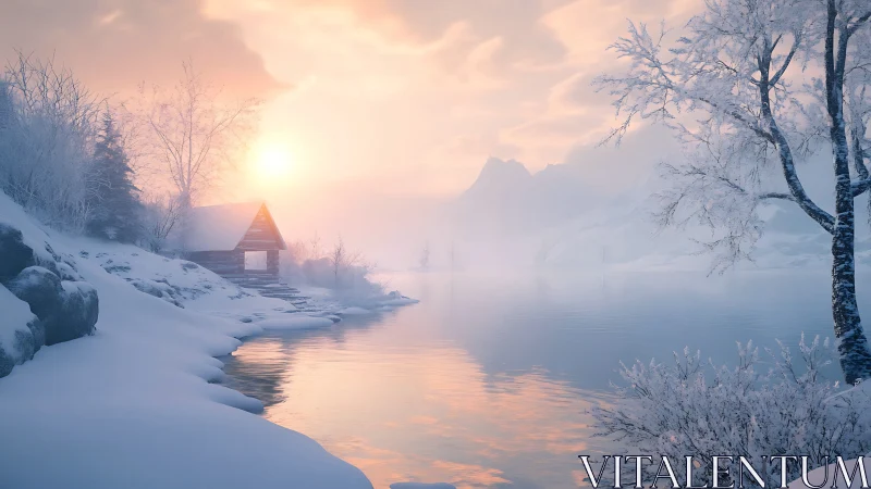 Snow-covered lakeshore with cabin under diffuse winter sun