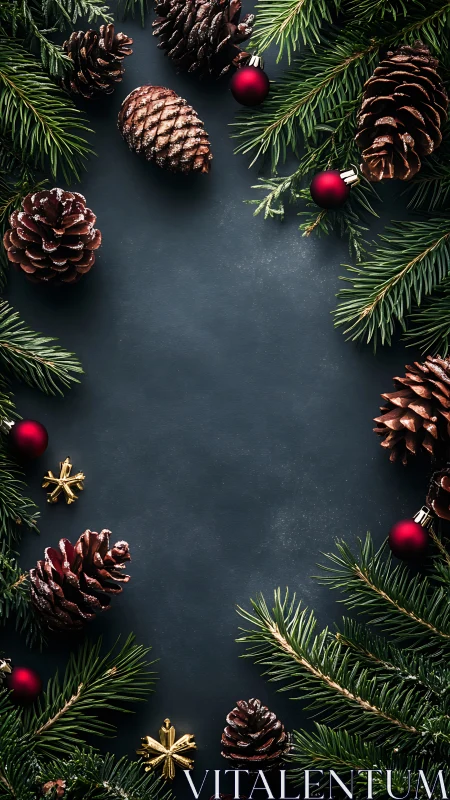 Vertical framing of pine branches, cones and ornaments on matte slate