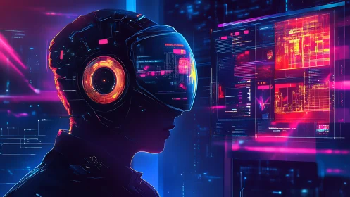 Neon lit cyber explorer studies glowing futuristic data wall