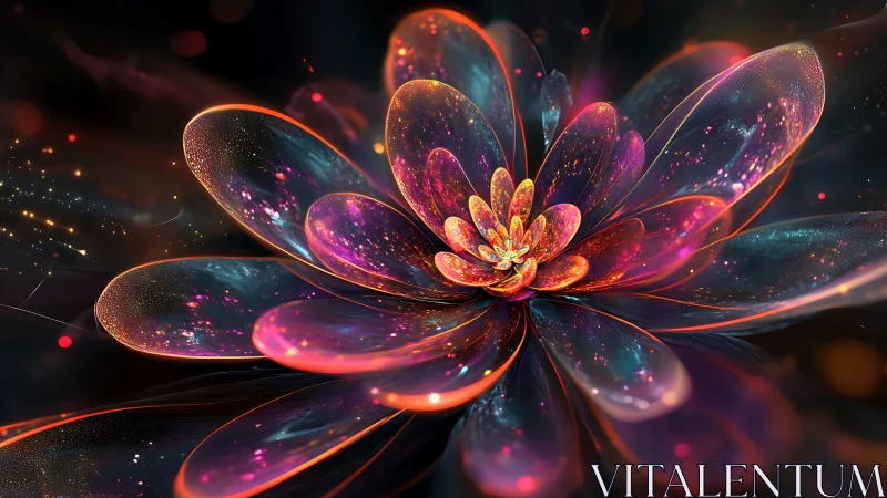 Galactic petal bloom spinning in neon cosmic twilight.