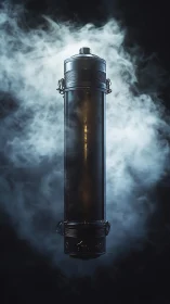 Cylindrical metal canister hovers in dense swirling smoke.