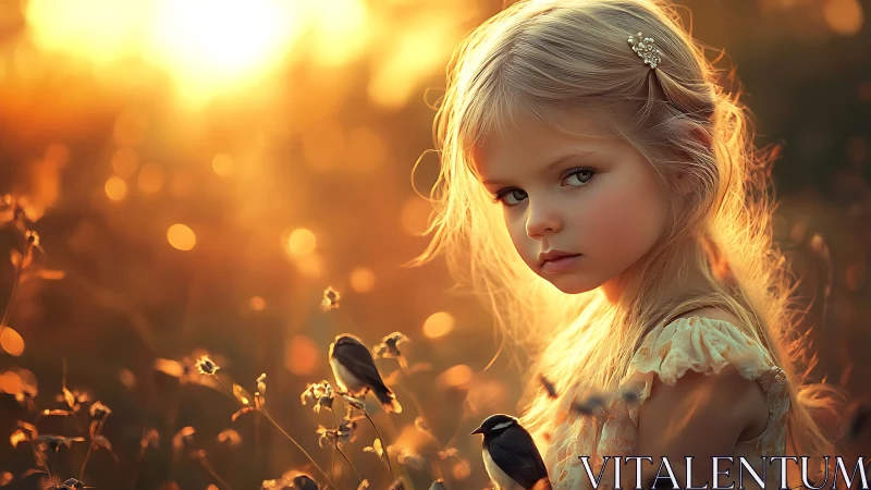 Child figure in sunlit field with botanical elements.