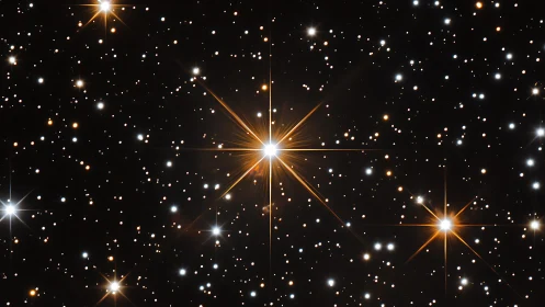 Stellar field with golden diffraction spikes in deep space.