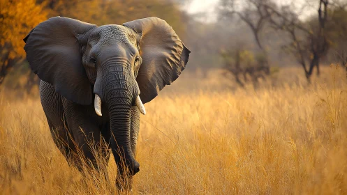Elephant strides through golden African savanna at sunrise