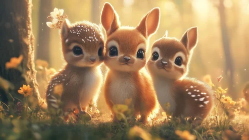 Triangular cluster of stylized fawns under volumetric backlit forest