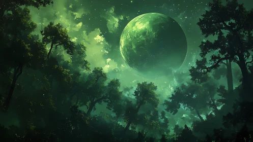 Luminescent Moon Rising Over Enchanted Forest.