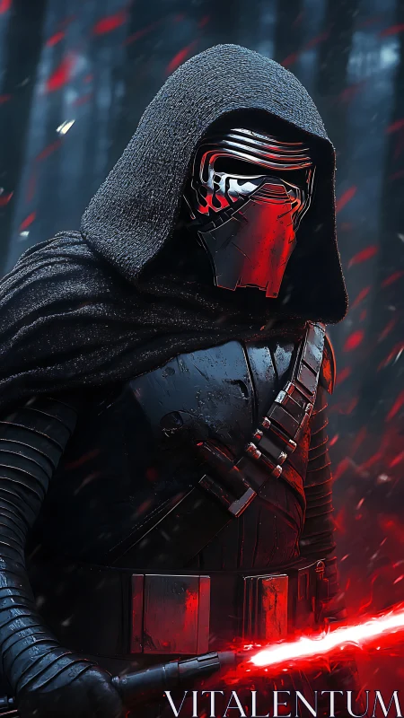 Hooded armored figure with red energy sword in forest setting.