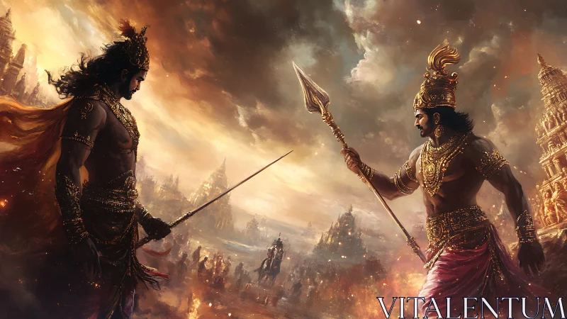 Storm-lit warrior kings measure destinies across burning sky