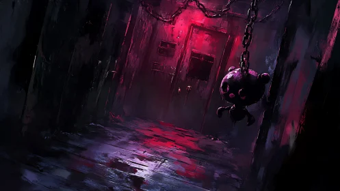 Haunting chained toy lingers in a dark red-lit corridor