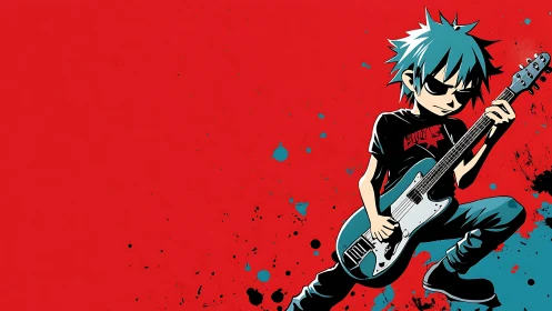 Anime punk guitarist with teal hair on red splatter background.