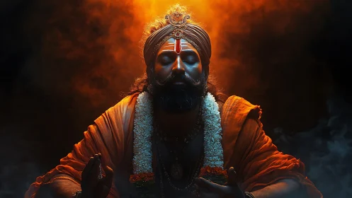 Photorealistic ascetic portrait with dramatic chiaroscuro lighting.