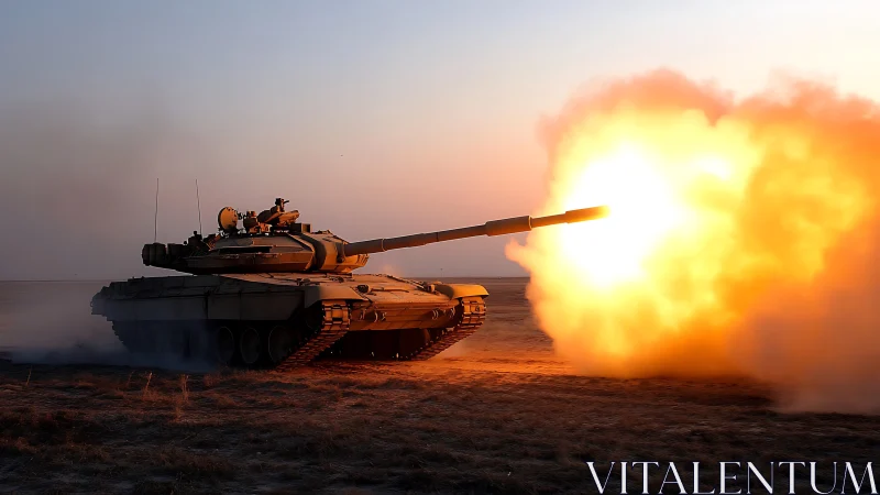 Modern tank fires main cannon at desert range during golden dusk.