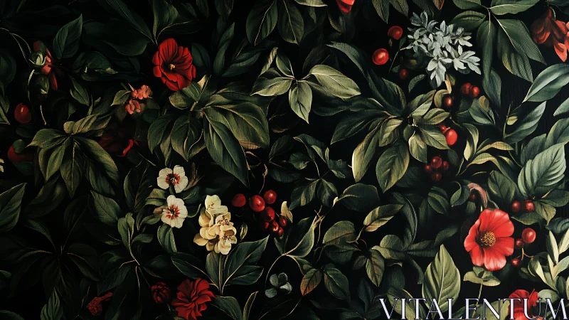 Crimson Blooms Dance Through Shadowed Verdant Tapestry
