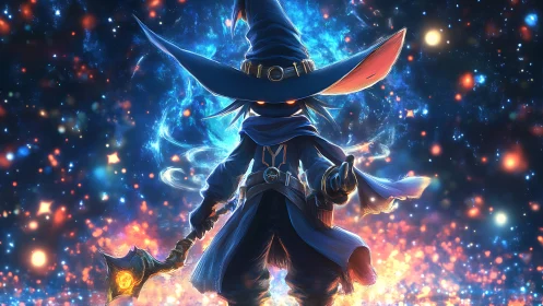 Arcane chibi mage casting spell in cosmic nebula.