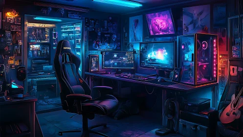 Neon-lit gaming battle station glows in an immersive studio
