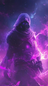 Hooded cosmic wanderer wrapped in glowing violet energy.
