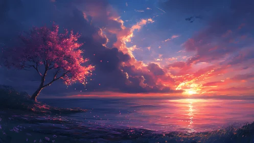 Blossom-lit shoreline dreaming beneath a blazing sunset sky.