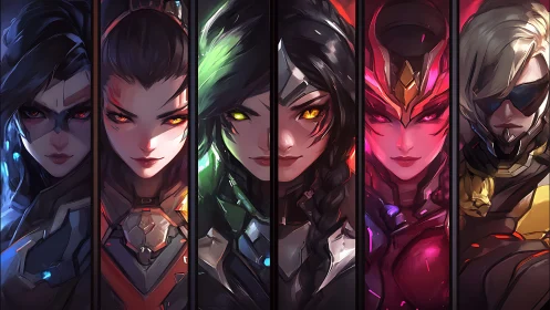 Fierce cyber heroes united in glowing neon battle armor.