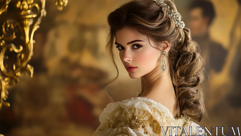 Velvet light crowns a regal muse in baroque daydreams