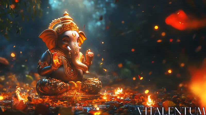 3D luminous Ganesha idol amid ember-lit forest groundscape.
