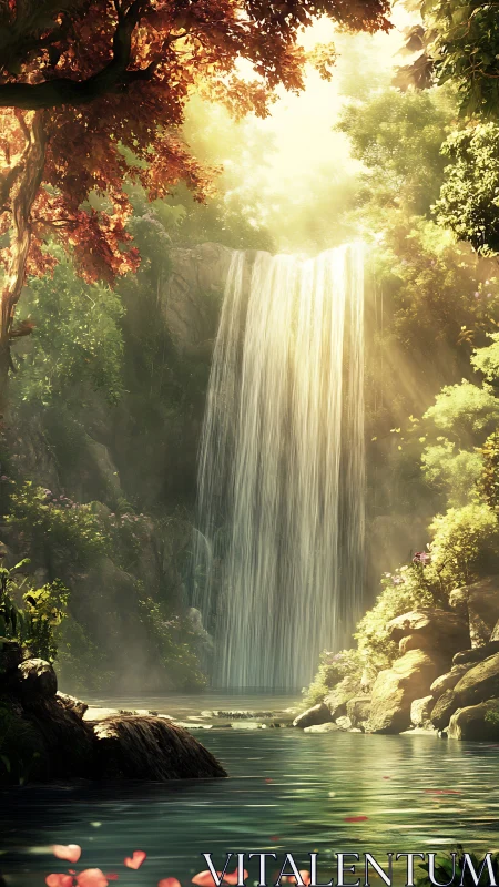 Sunlit forest waterfall cascading into calm clear pool.
