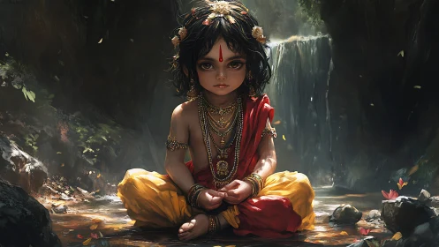 Digital illustration shows adorned child seated before waterfall