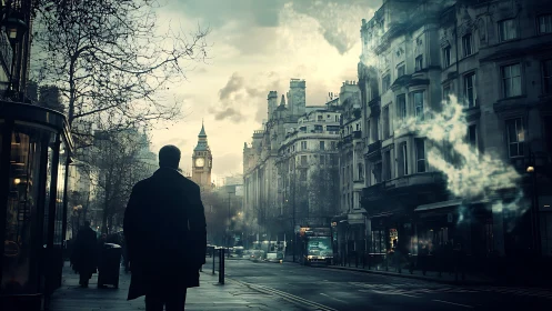 Noir cityscape merges foggy London street with spectral light