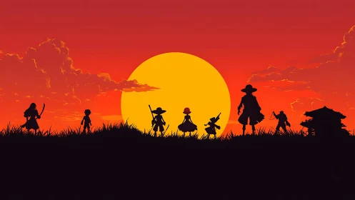 Silhouetted figures on grassy ridge against large sunset.