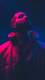 Neon magenta and cyan rim lighting sculpt a cinematic portrait