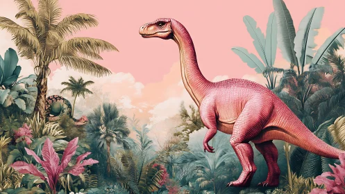 Pink sauropod dinosaur strides through stylized tropical jungle