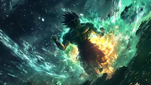 Storm-lit warrior ignites cosmic waves with fierce power.