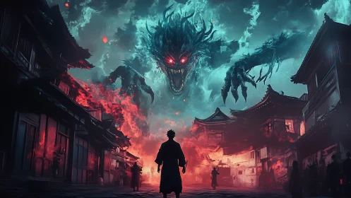 Spectral kaiju convergence above burning neo‑Edo streetscape.