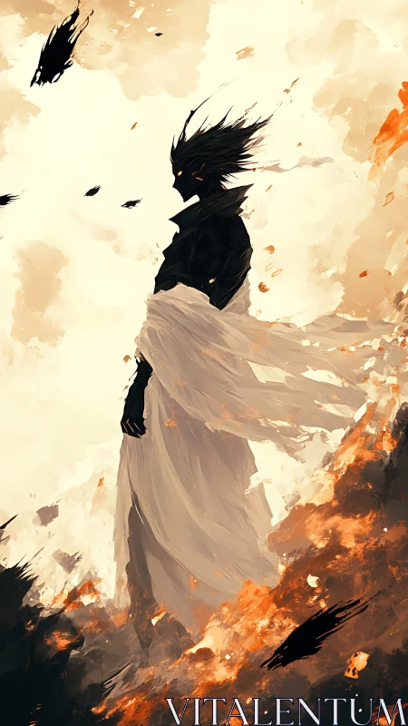 Ashborn sentinel strides through roaring emberstorm skies.