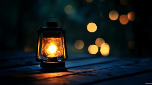 Rustic lantern glows on weathered wooden table at night