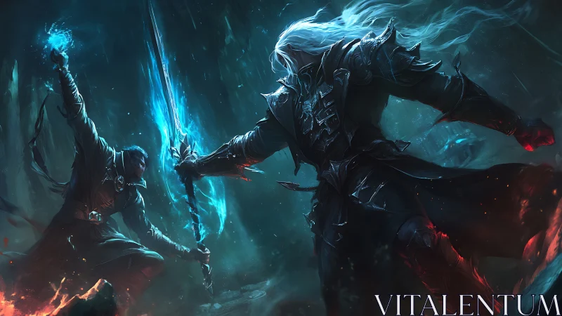 Dark armored warrior duels blue-lit mage in stormy cavern.