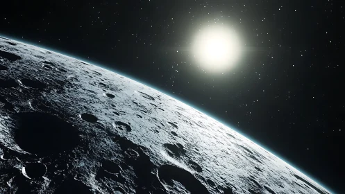 Photorealistic lunar horizon with sunlit cratered surface.