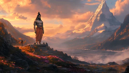 Colossal ascetic monument overlooking glacial lake at sunrise.