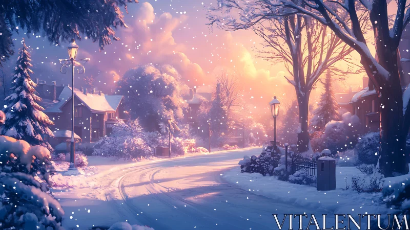 Snowy neighborhood street glowing in soft winter sunset light.