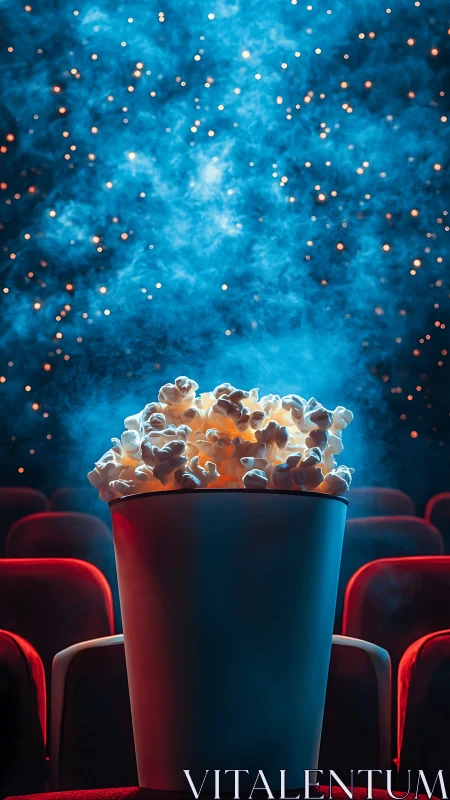 Cinematic popcorn throne under starry blue theater haze.