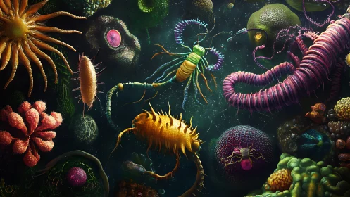 Alien microbial ecosystem rendered in vivid digital detail.