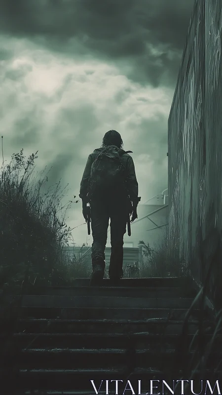 Post-apocalyptic survivor ascending ruined stairwell under storm.