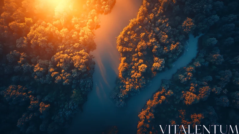Golden sunrise river cuts through dense forest canopy