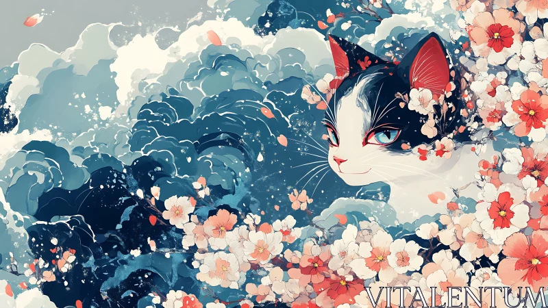 Stylized cat portrait merges floral motifs with dynamic ocean waves