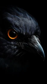 Dark close-up portrait of a black bird with orange eye.