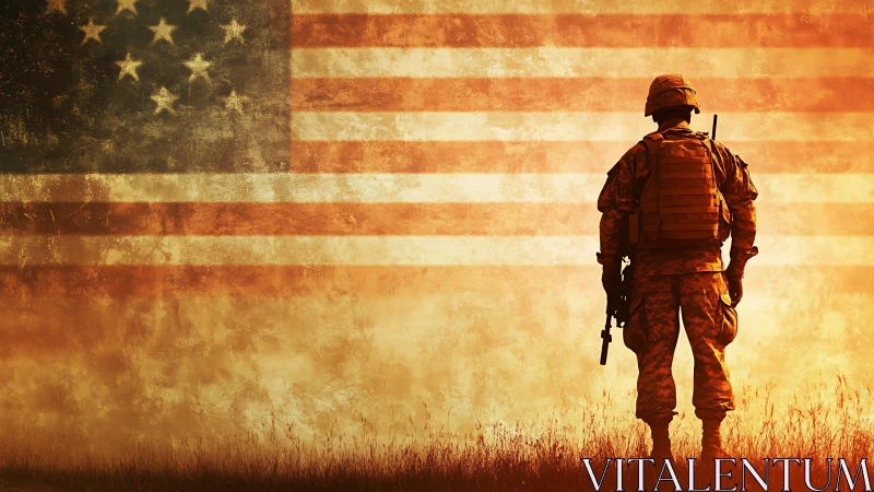 US soldier silhouette before weathered American flag backdrop.